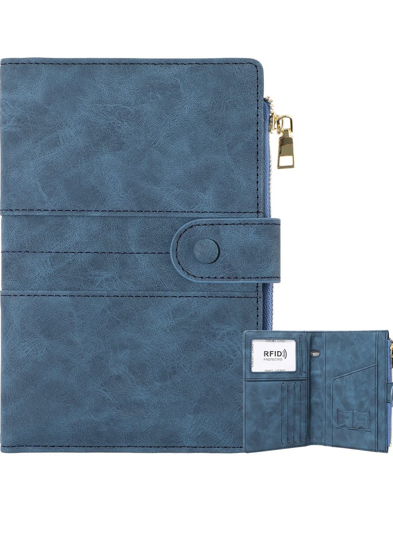 Passport Holder and Card Holder Combo, Leather Passport Cover Wallet with Card Slots & Zipper Pocket, Passport Book Holder for Women and Men (Blue)