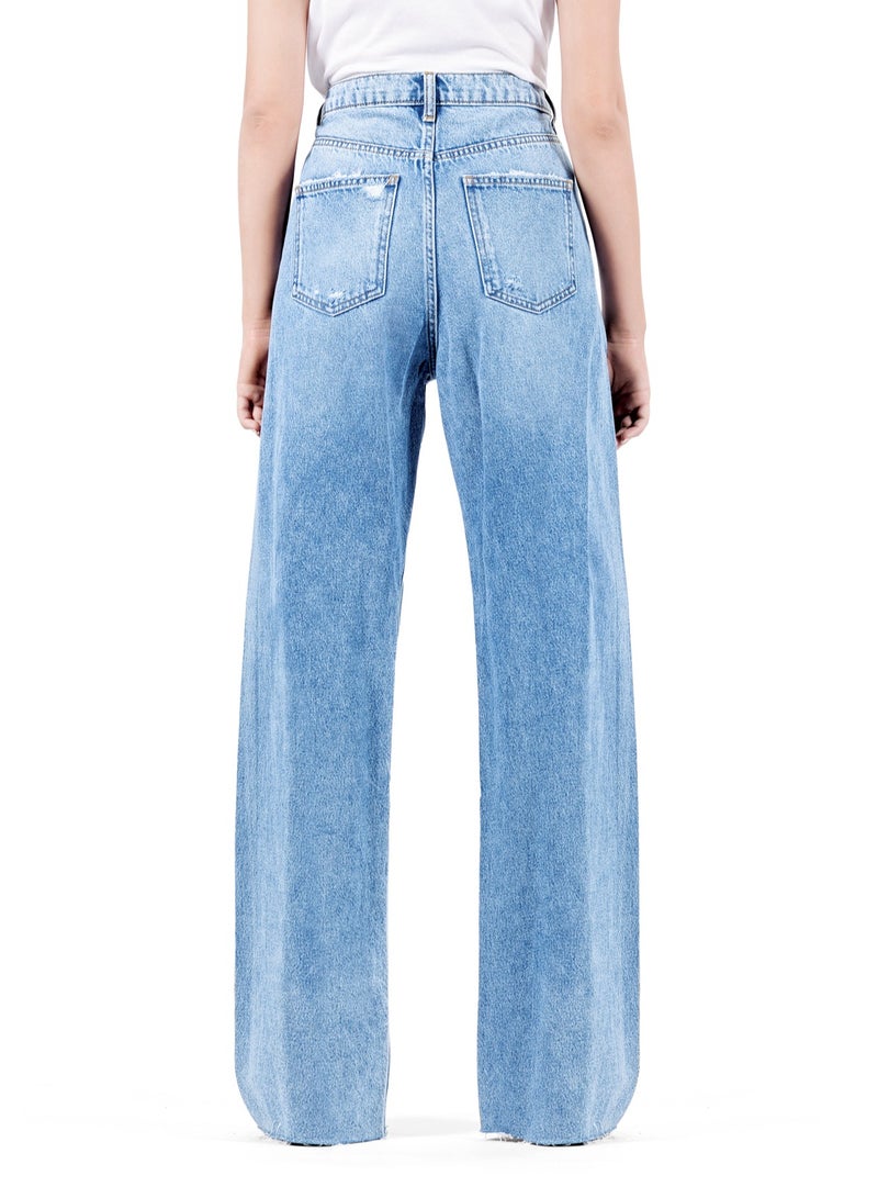 Web Denim Women's Knee Ripped High Waist Straight Jeans with Cut Hem