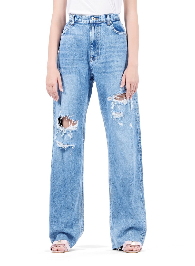 Web Denim Women's Knee Ripped High Waist Straight Jeans with Cut Hem