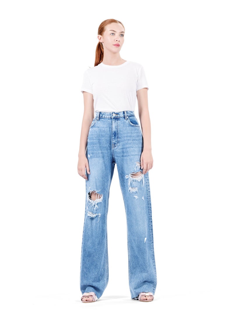 Web Denim Women's Knee Ripped High Waist Straight Jeans with Cut Hem