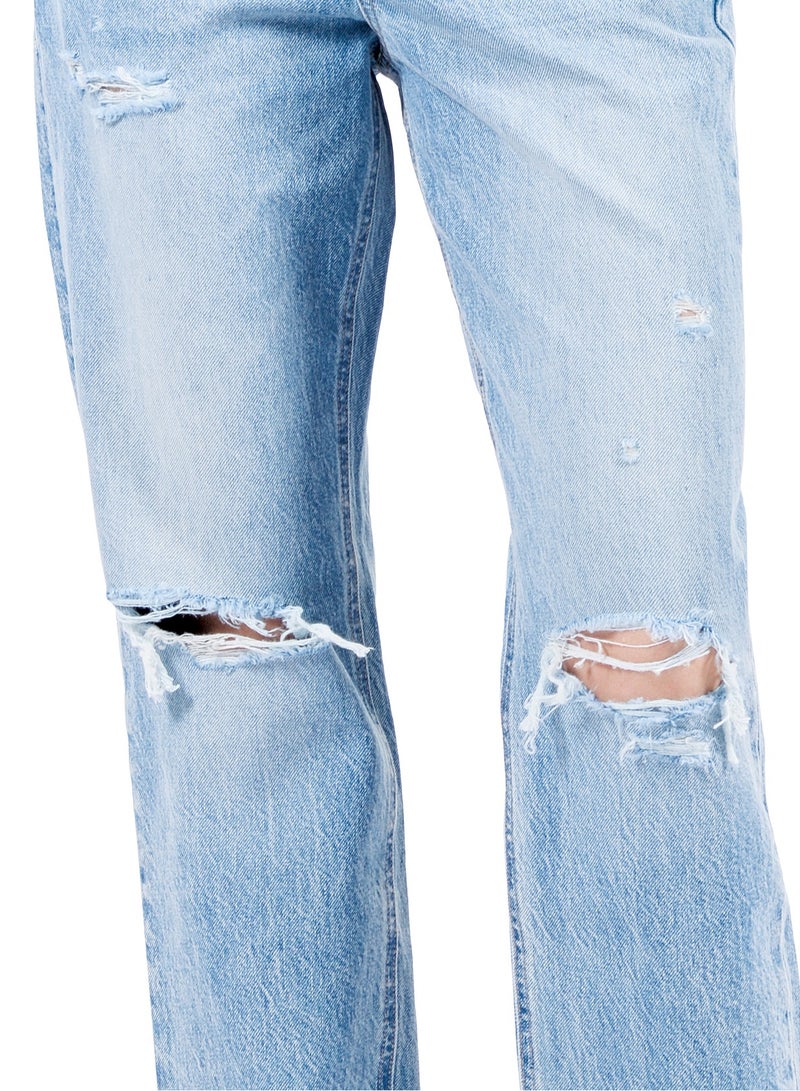 Web Denim High Waist Straight Jeans for Women - Knee Rip, Button Fly, Distressed Ankle