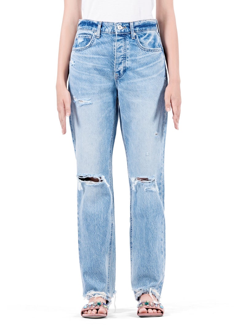 Web Denim High Waist Straight Jeans for Women - Knee Rip, Button Fly, Distressed Ankle