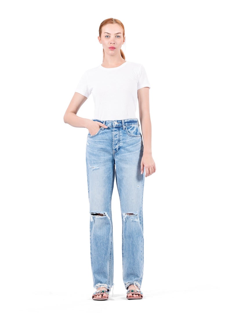 Web Denim High Waist Straight Jeans for Women - Knee Rip, Button Fly, Distressed Ankle