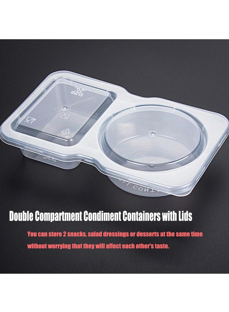 Double Compartment Condiment Container with Lids, Clear Plastic Portion Cups, Travel Snack Containers for Condiments or Dips, 2 Compartment Condiment Containers (20PCS)