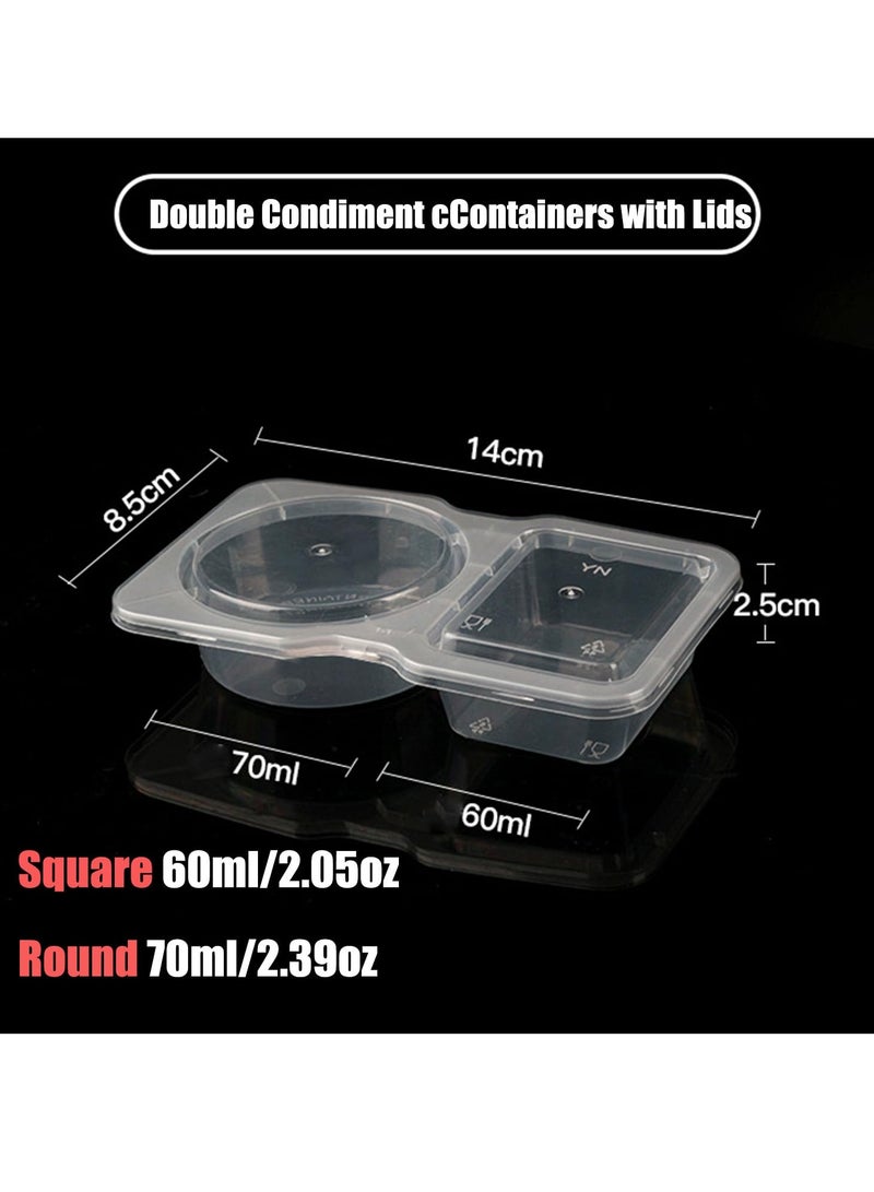 Double Compartment Condiment Container with Lids, Clear Plastic Portion Cups, Travel Snack Containers for Condiments or Dips, 2 Compartment Condiment Containers (20PCS)