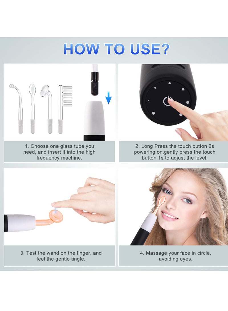 Rechargeable High Frequency Facial Wand, Portable Multi-Function Handheld Skincare Machine with 4 Tubes for Face and All Skincare Needs