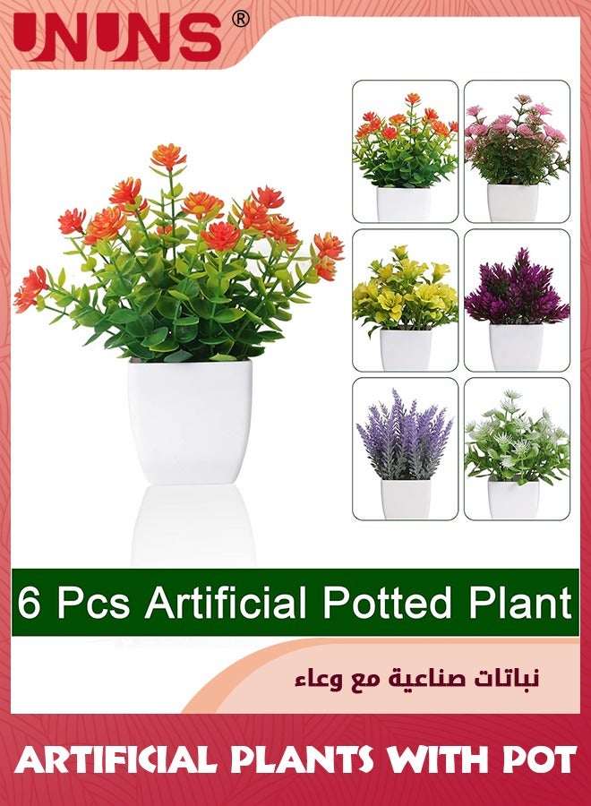 6Pcs Artificial Pot Flowers,Small Fake Plants With Pot Mini Potted Plants,Home Decor Indoor Small Artificial Plants In Pots For House Office Tabletop Decoration