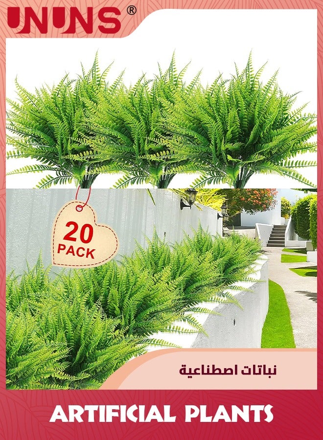 20 Bundles Artificial Plants,Outdoor Fake Boston Fern,Faux Plastic Plants Greenery For Garden Patio Planter Pathway Porch