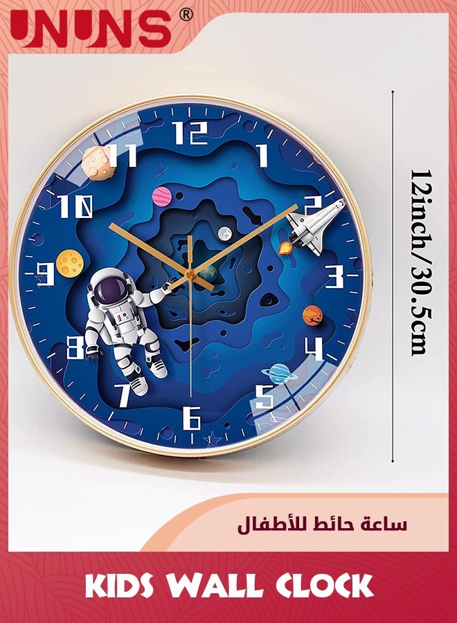 Kids Wall Clock,12 Inch Silent Wall Clock,Non Ticking Round Clock Battery Operated,Space Travel Style Decor Analog Clock For Boys Girls Bedroom,Cute Clock For Living Room Home School Office,Blue