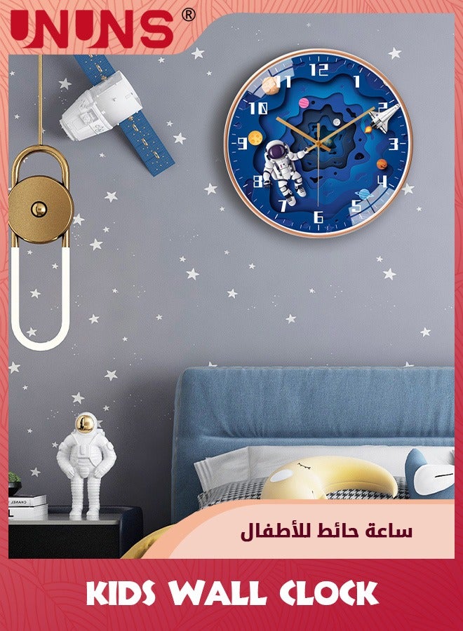 Kids Wall Clock,12 Inch Silent Wall Clock,Non Ticking Round Clock Battery Operated,Space Travel Style Decor Analog Clock For Boys Girls Bedroom,Cute Clock For Living Room Home School Office,Blue