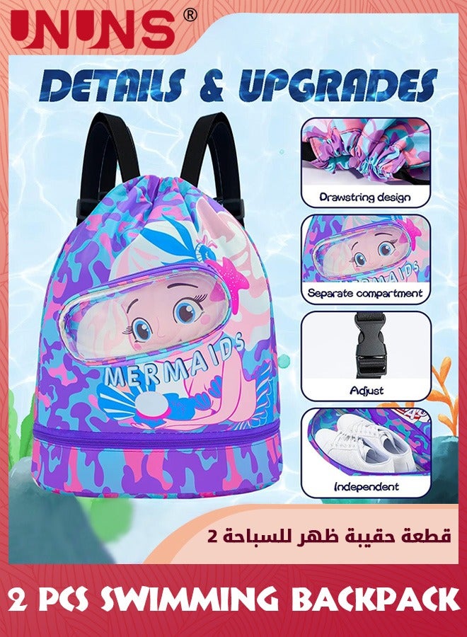 Kids Swimming Backpack,2 Pack Portable Drawstring Swim Bags For Boy Girl,Dry And Wet Separation Waterproof Storage Bag,Fitness Sport Knapsack For Gym Sports Beach Pool Gear,Blue+Purple