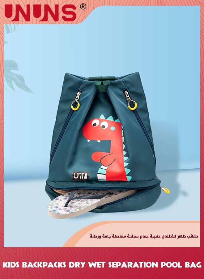 Swimming Backpack For Kids,Dry And Wet Separation Pool Bag For Boy Girl, Portable Waterproof Backpack For Camping Gym Sports Beach Pool,Gear Bag With Zippers,Green Dinosaur