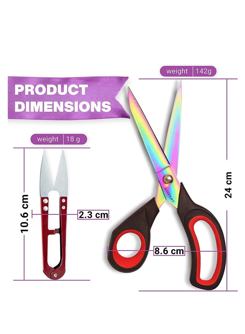 Fabric Scissors Red Black 9.5 Inch Heavy-Duty Titanium Coated Stainless Steel Dressmaking Scissors with Soft Grip Extra Sharp Sewing Scissors for Fabric Cutting Including Thread Cutter