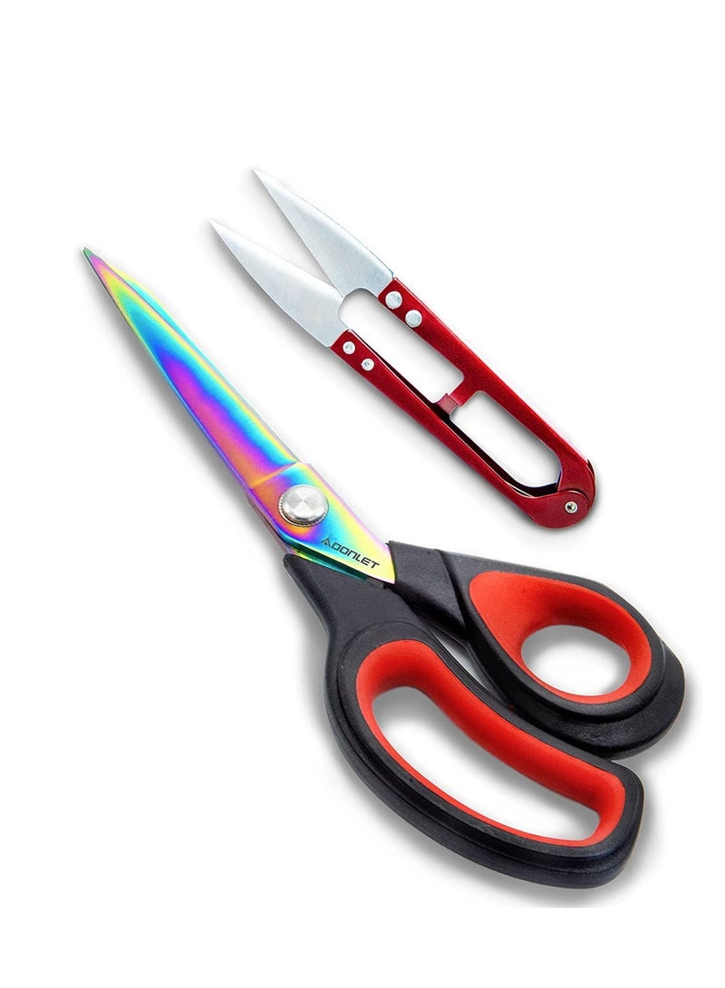 Fabric Scissors Red Black 9.5 Inch Heavy-Duty Titanium Coated Stainless Steel Dressmaking Scissors with Soft Grip Extra Sharp Sewing Scissors for Fabric Cutting Including Thread Cutter