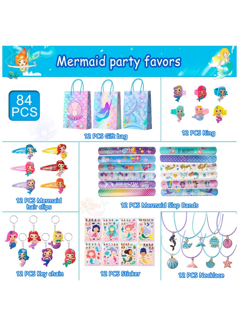 84pcs Mermaid Party Favors for Boys and Girls with Mermaid Birthday Rings Keychain Slap Bracelets Bags etc Mermaid Birthday Party Favors for Mermaid Birthday Decorations Supplies