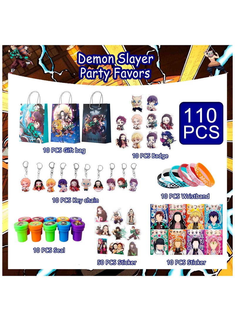 Anime Demon Slayer Party Favors,110pcs Demon Slayer Theme Favors Set-Demon Slayer Goodie Bags Stickers Wrisband Seal Badge etc Demon Slayer Birthday Party Favors for Demon Slayer Birthday Decorations