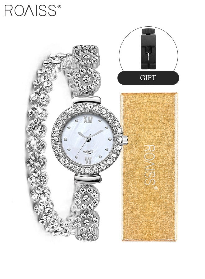 2PCS Alloy Strap Bracelet Watch Set for Women Analog Display Round Dial Quartz Watch with Heart Bracelet Decorated with Rhinestones Elegant Watch Set as Gift for Ladies