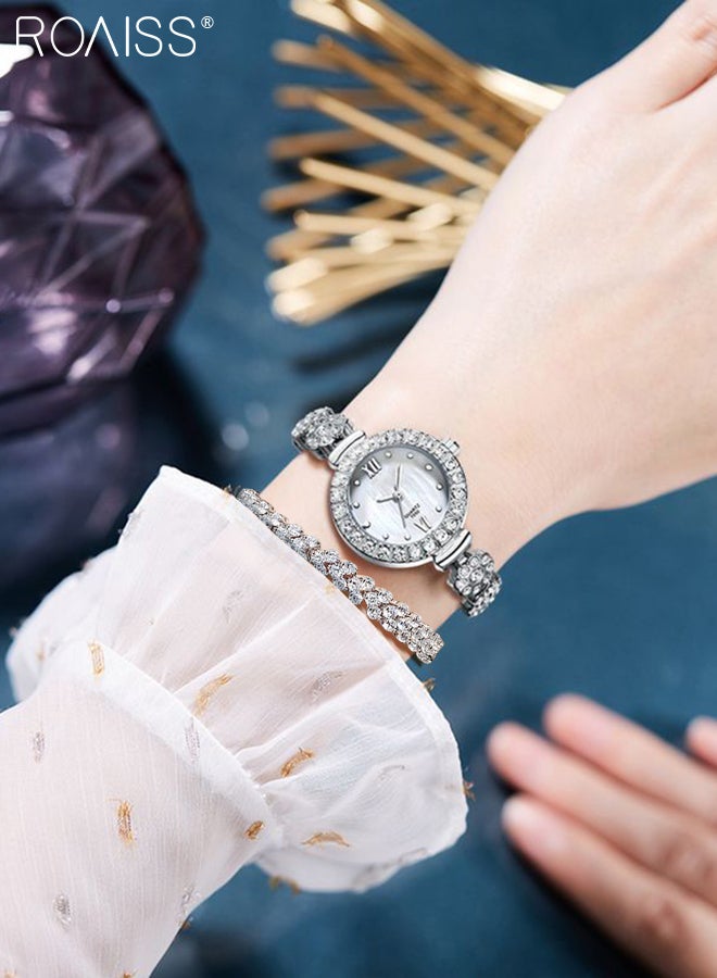 2PCS Alloy Strap Bracelet Watch Set for Women Analog Display Round Dial Quartz Watch with Heart Bracelet Decorated with Rhinestones Elegant Watch Set as Gift for Ladies