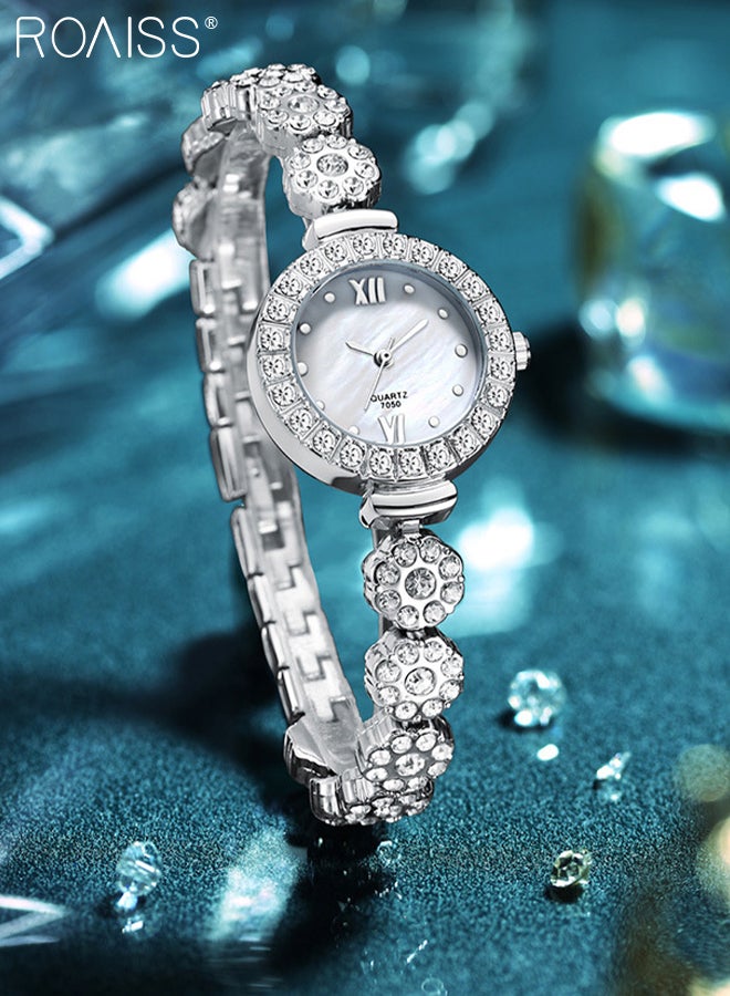 2PCS Alloy Strap Bracelet Watch Set for Women Analog Display Round Dial Quartz Watch with Heart Bracelet Decorated with Rhinestones Elegant Watch Set as Gift for Ladies