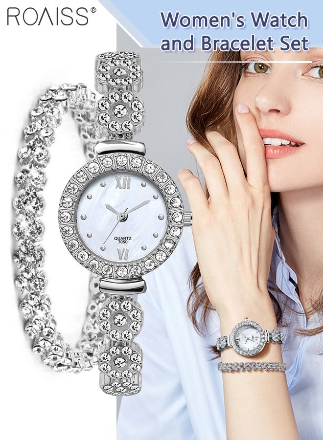 2PCS Alloy Strap Bracelet Watch Set for Women Analog Display Round Dial Quartz Watch with Heart Bracelet Decorated with Rhinestones Elegant Watch Set as Gift for Ladies