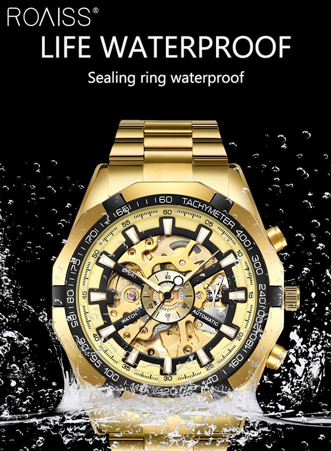 Men's Stainless Steel Strap Mechanical Watch Analog Display Round Gold Dial with Hollow Pattern Decoration Waterproof Luminous Wristwatch as Gift for Men