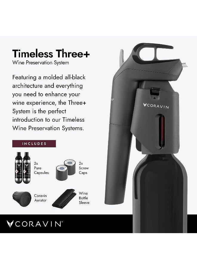 Timeless Three Plus Wine Preservation System - By-the-Glass Wine Saver - With 2 Pure Argon Gas Capsules & Wine Aerator - Black