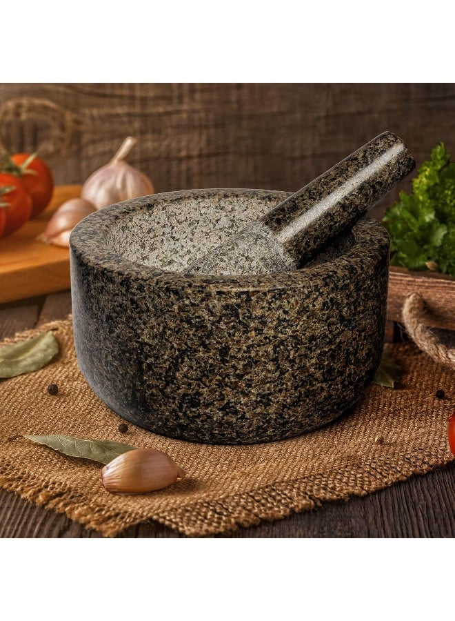 Prioritychef Heavy Duty Extra Large Mortar And Pestle Set, Hand Carved From Natural Granite, Make Fresh Guacamole, Salsa, Pesto, Stone Grinder Bowl, Herb Crusher, Spice Grinder, 5 Cup, Black