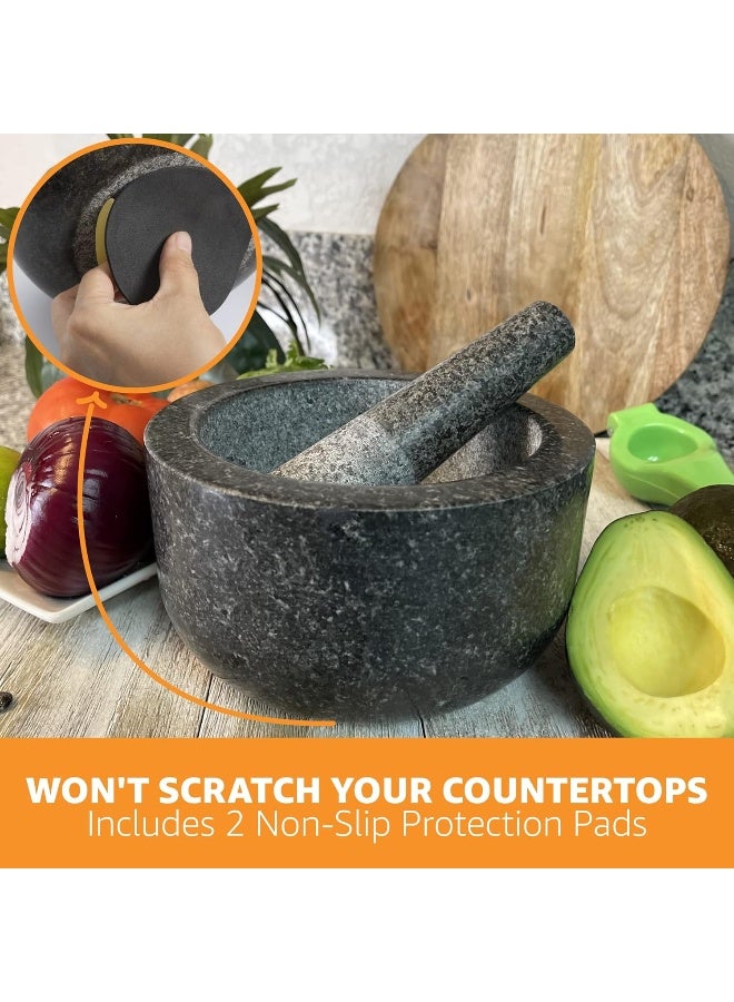 Prioritychef Heavy Duty Extra Large Mortar And Pestle Set, Hand Carved From Natural Granite, Make Fresh Guacamole, Salsa, Pesto, Stone Grinder Bowl, Herb Crusher, Spice Grinder, 5 Cup, Black