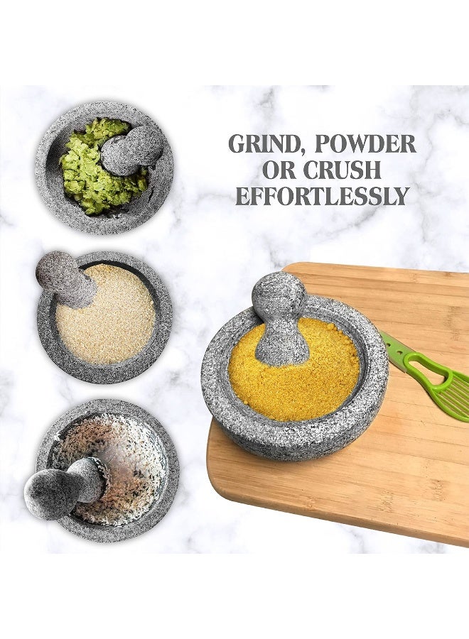 Umien  Granite Mortar And Pestle Set Guacamole Bowl Molcajete 9 Inch - Natural Stone Grinder For Spices, Seasonings, Pastes, Pestos And Guacamole - Extra Bonus Avocado Tool Included