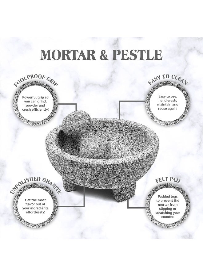 Umien  Granite Mortar And Pestle Set Guacamole Bowl Molcajete 9 Inch - Natural Stone Grinder For Spices, Seasonings, Pastes, Pestos And Guacamole - Extra Bonus Avocado Tool Included