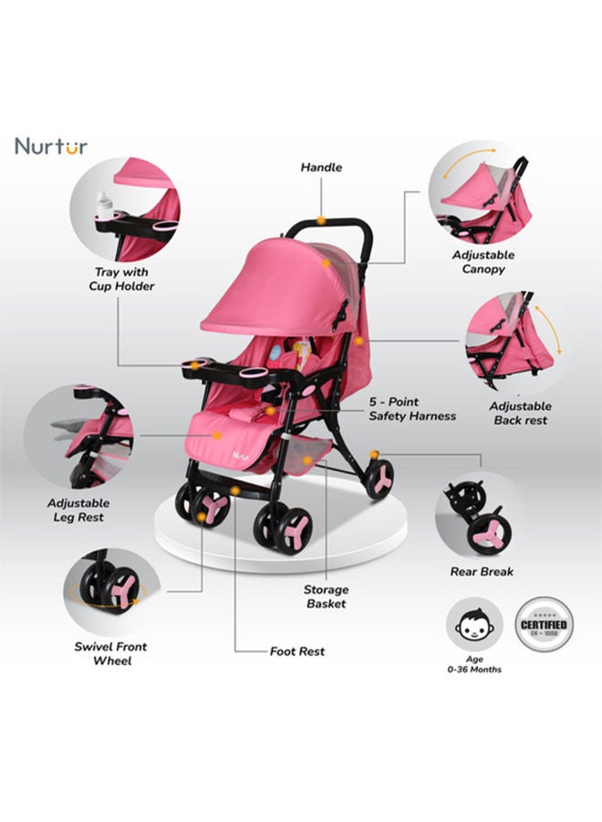 Ryder Lightweight Baby Stroller With Storage Basket, Detachable Food Tray - Pink