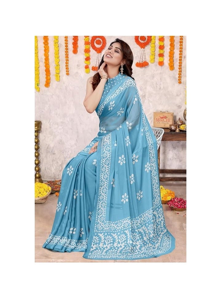 Women's Latest Chiffon Batik Printed Saree with Blouse Piece