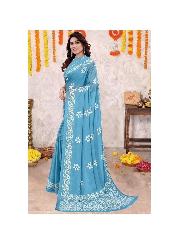 Women's Latest Chiffon Batik Printed Saree with Blouse Piece