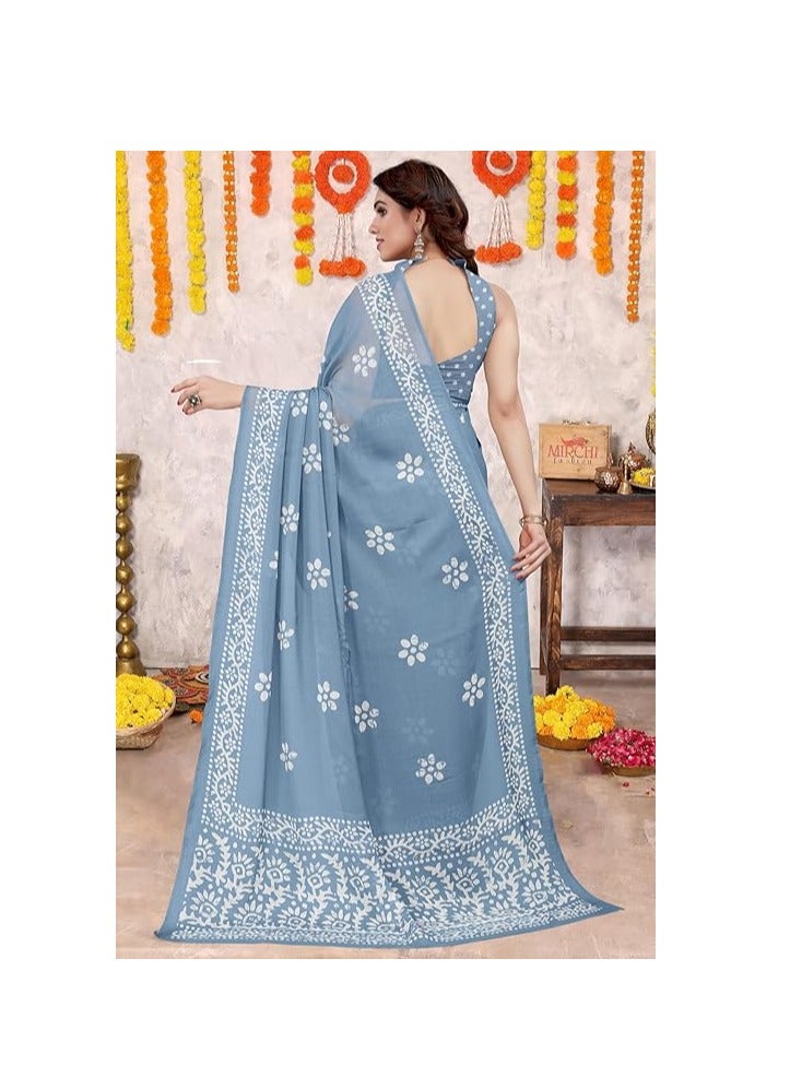 Women's Latest Chiffon Batik Printed Saree with Blouse Piece