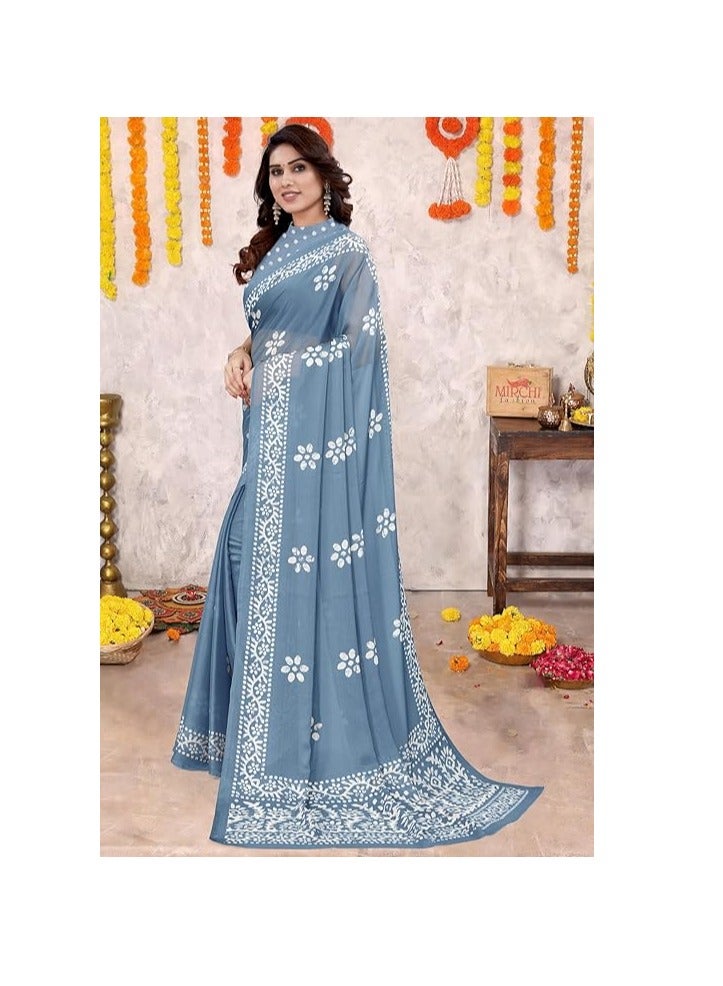 Women's Latest Chiffon Batik Printed Saree with Blouse Piece