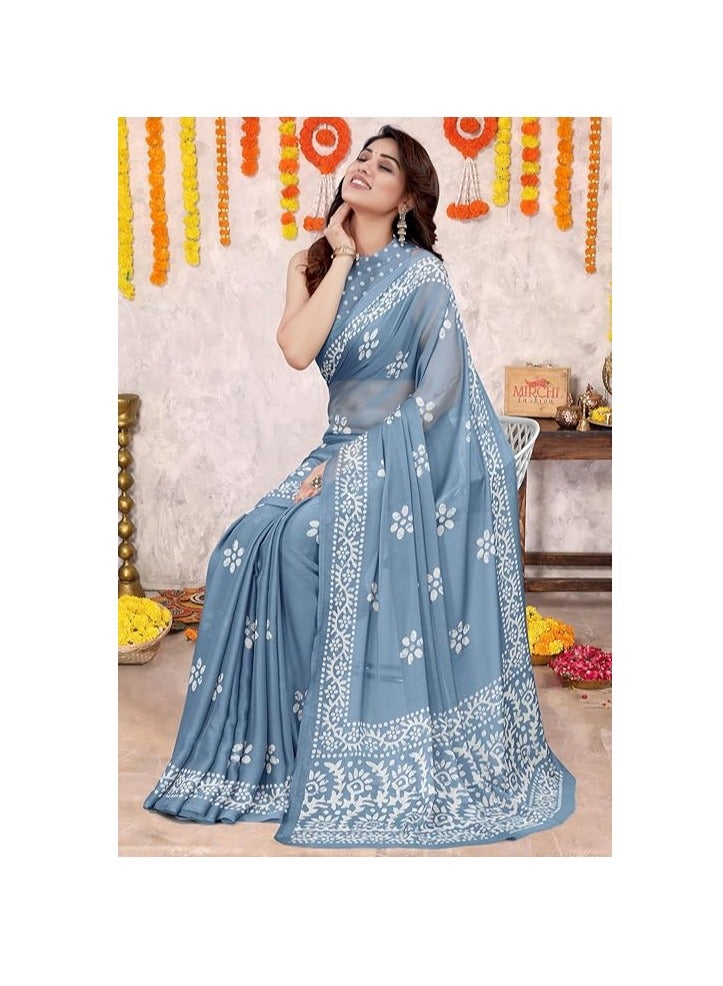 Women's Latest Chiffon Batik Printed Saree with Blouse Piece