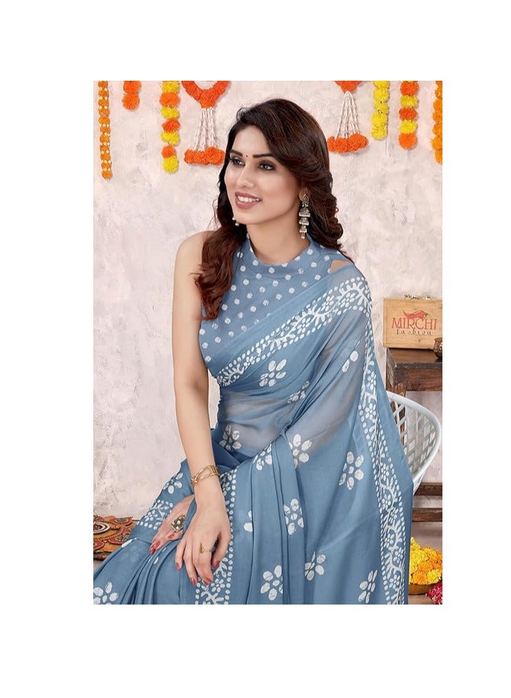 Women's Latest Chiffon Batik Printed Saree with Blouse Piece
