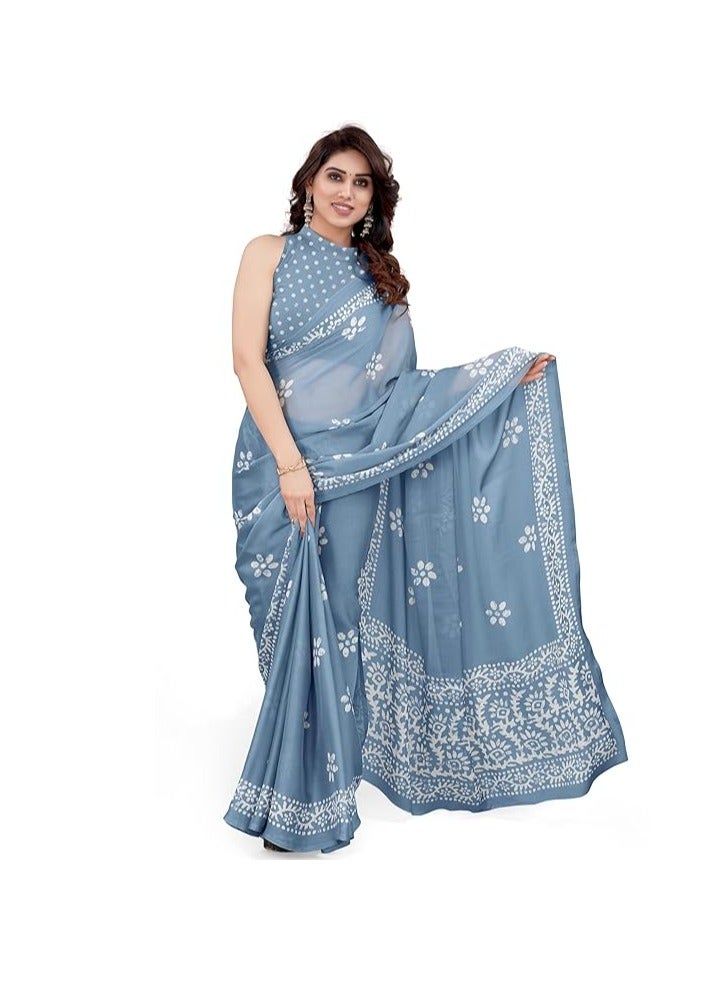 Women's Latest Chiffon Batik Printed Saree with Blouse Piece