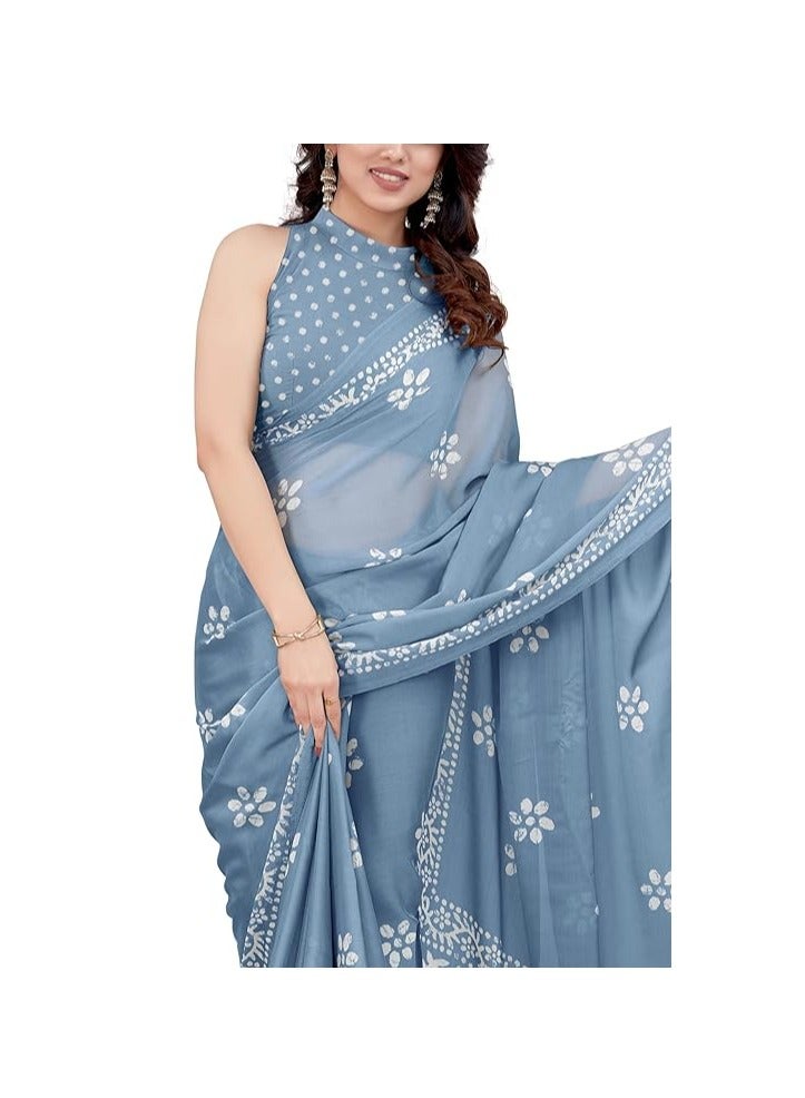 Women's Latest Chiffon Batik Printed Saree with Blouse Piece