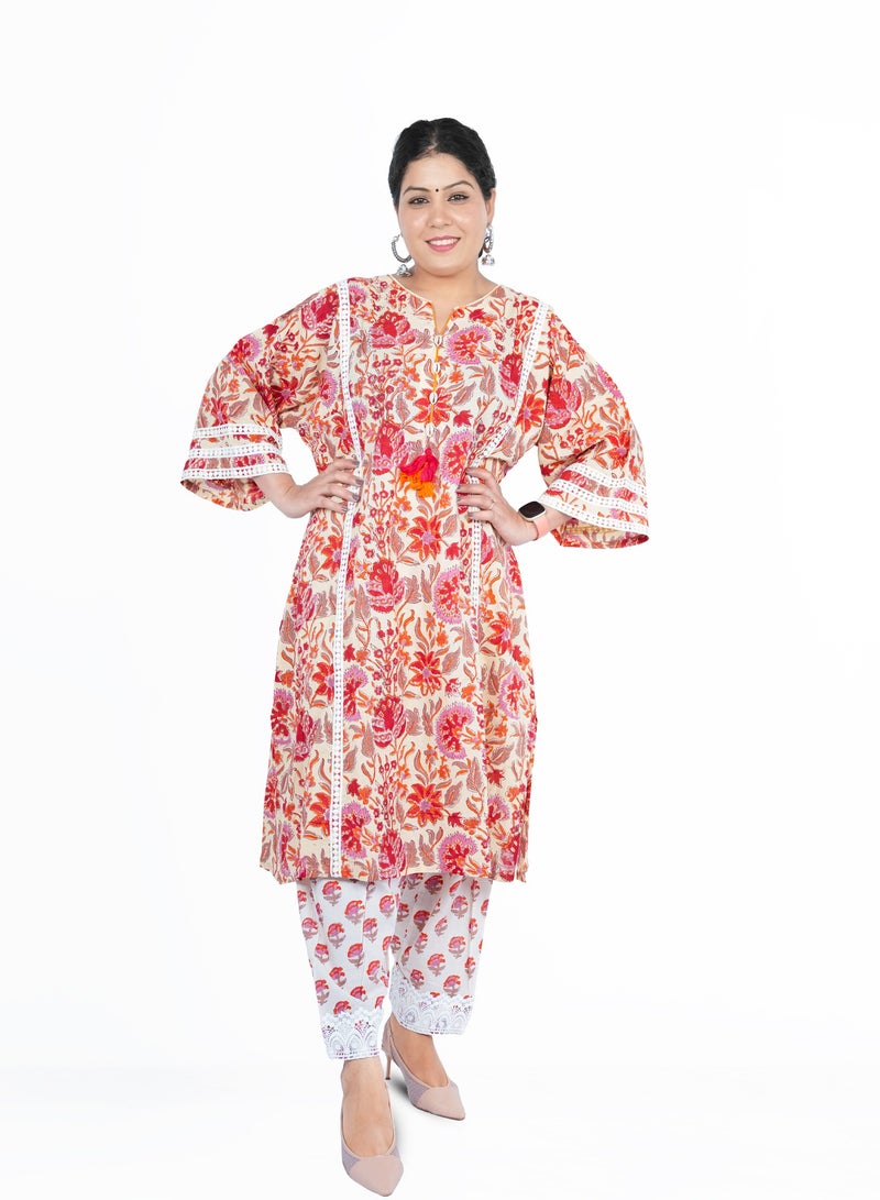 Free Size Cotton Hand Block Printed Kurta Set | Indian Dress for Women | Traditional Dress Salwar Kameez Kurti Pant Dupatta Set | Ready to Wear Ethnic Kurta Set