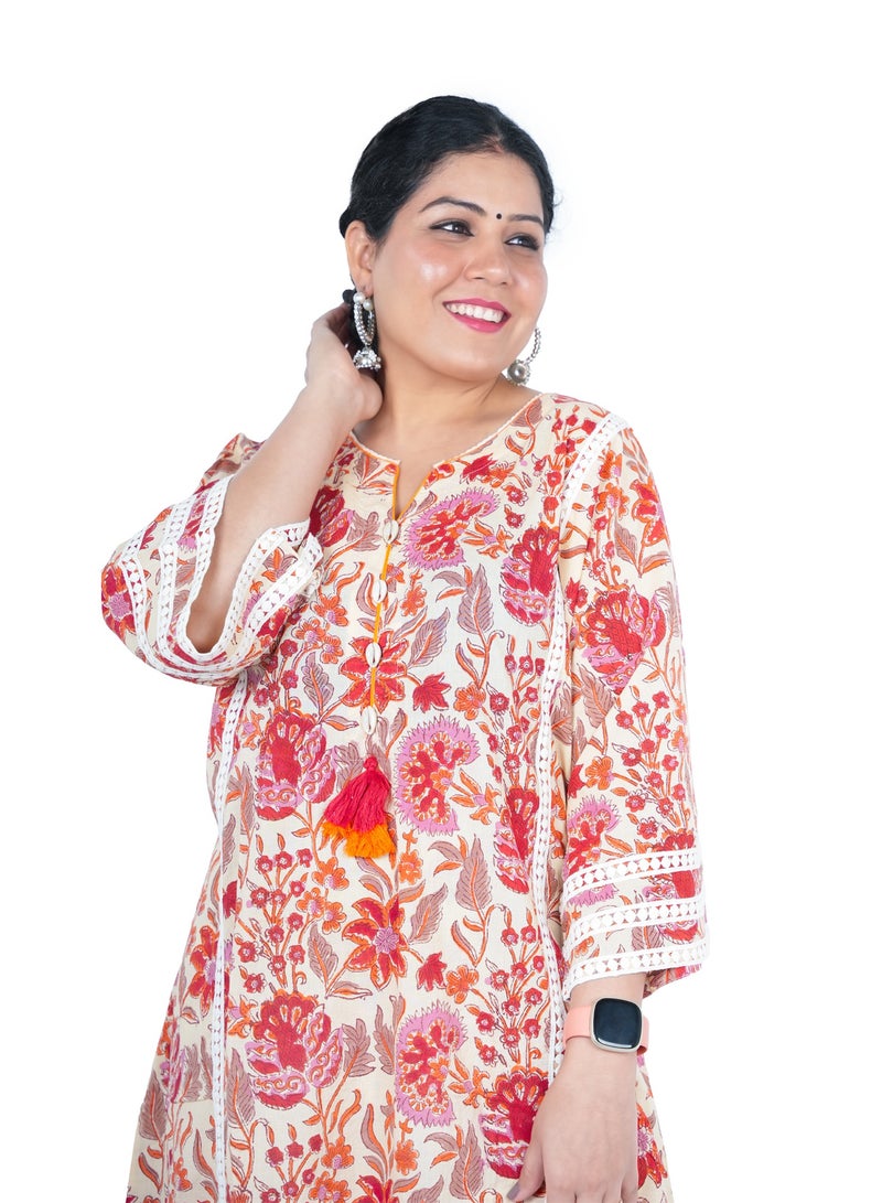 Free Size Cotton Hand Block Printed Kurta Set | Indian Dress for Women | Traditional Dress Salwar Kameez Kurti Pant Dupatta Set | Ready to Wear Ethnic Kurta Set