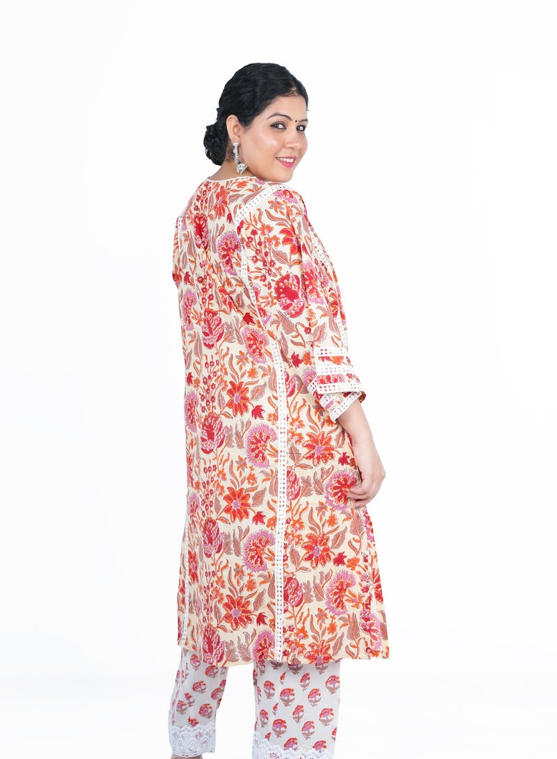 Free Size Cotton Hand Block Printed Kurta Set | Indian Dress for Women | Traditional Dress Salwar Kameez Kurti Pant Dupatta Set | Ready to Wear Ethnic Kurta Set