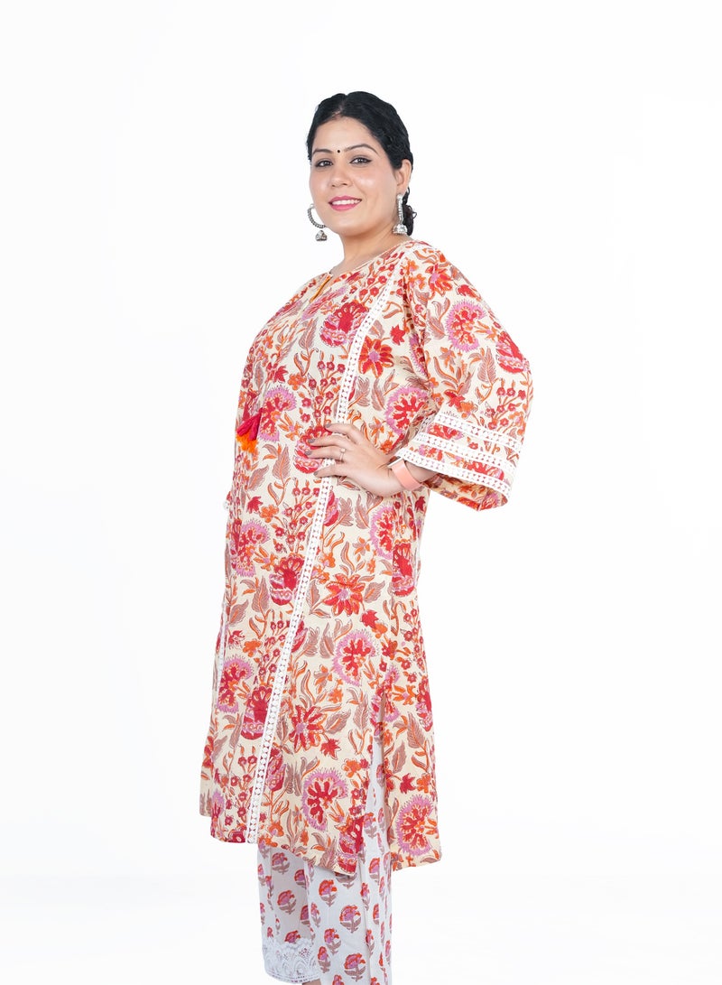 Free Size Cotton Hand Block Printed Kurta Set | Indian Dress for Women | Traditional Dress Salwar Kameez Kurti Pant Dupatta Set | Ready to Wear Ethnic Kurta Set