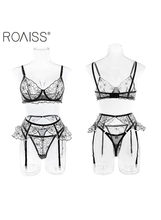 3-Piece Women'S Embroidered Underwear No Chest Pad Can Adjust The Steel Rim Bra With The Shoulder Strap High -Waist Thong Can Adjust The Waist Seal Hanging Garter