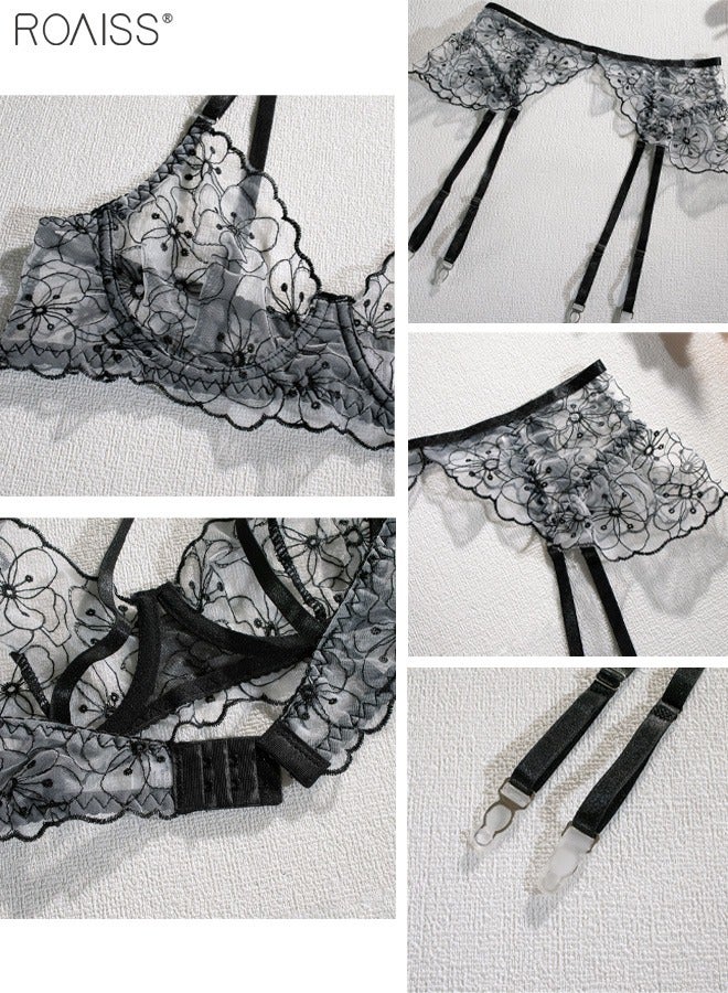 3-Piece Women'S Embroidered Underwear No Chest Pad Can Adjust The Steel Rim Bra With The Shoulder Strap High -Waist Thong Can Adjust The Waist Seal Hanging Garter