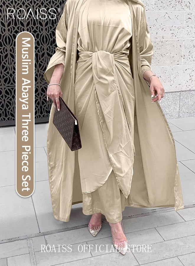 3 Pcs of Women's Clothes Set Solid Color Abaya for Women Ramadan Eid al-Adha Gift for Laides Wife Mother Cardigan Robe and Satin Dress and Waist Scarf