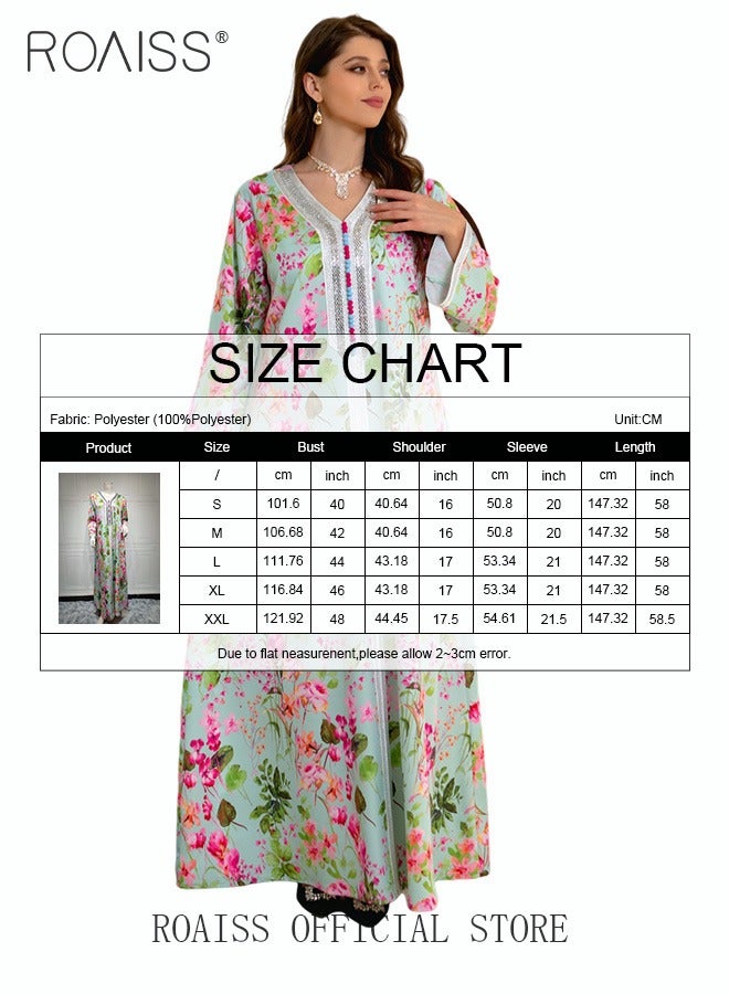 Women's V-Neck Long-Sleeved Dress Floral Pattern Embroidery Front Arabian Robe