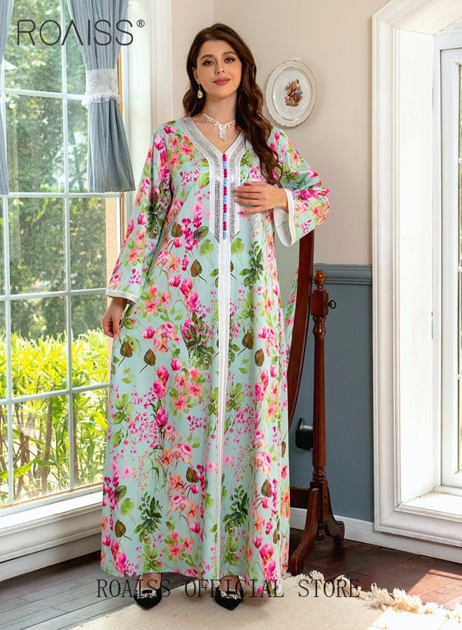 Women's V-Neck Long-Sleeved Dress Floral Pattern Embroidery Front Arabian Robe