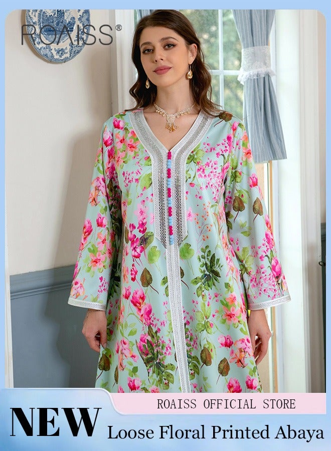 Women's V-Neck Long-Sleeved Dress Floral Pattern Embroidery Front Arabian Robe