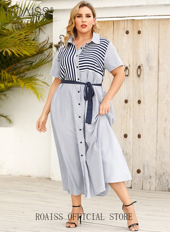 Plus Size Women Striped Shirt Dress Turn Down Collar Waist Tie Mid Length Sleeves Traditional Female Attire Loose Fit Fashionable and Versatile Flattering for All Body Types